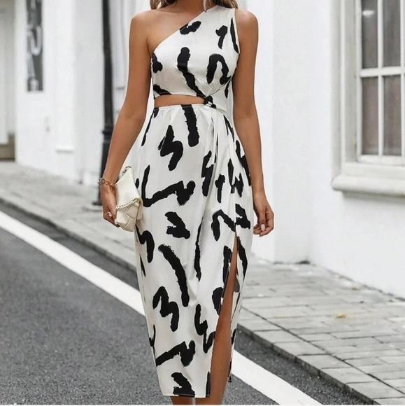White Preppy Womens Allover Print Shoulder Cut Out Waist Asymmetrical Hem Dress - Picture 2 of 5